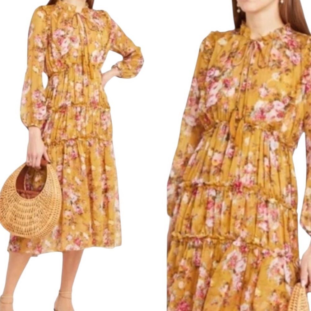 OPT Anthropologie Felicity Floral Tie Neck Midi Dress Size Medium Yellow Orange